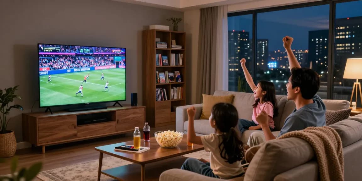 Family enjoying IPTV in 2026, streaming sports and shows in a cozy living room atmosphere.