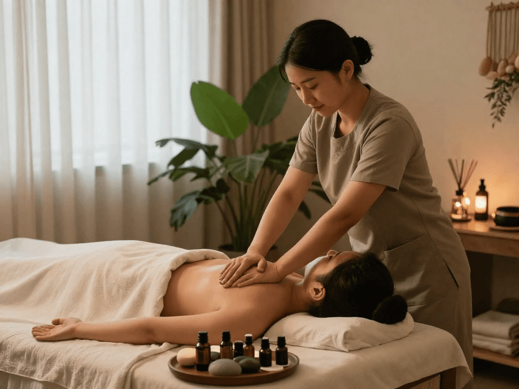 Experience a rejuvenating 금천구출장안마 massage in a serene wellness setting, showcasing calming essential oils and soothing ambiance.