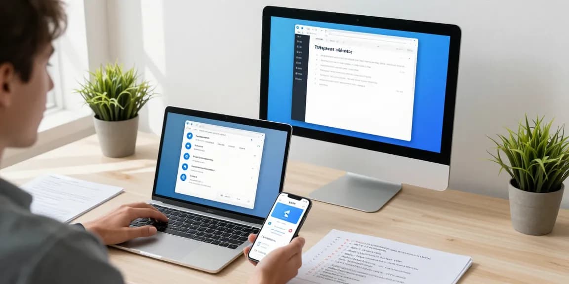 Engaging with Telegram中文 on various devices at a modern desk.