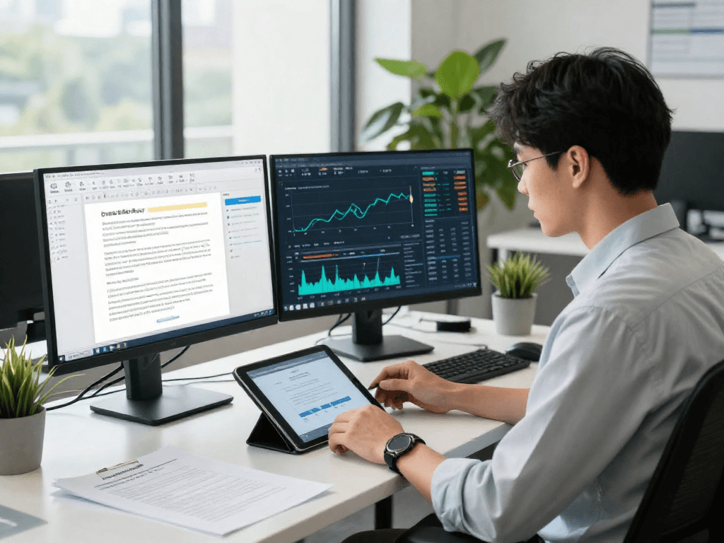 Document fraud detection analysis in a modern office environment with screens displaying data and metrics.