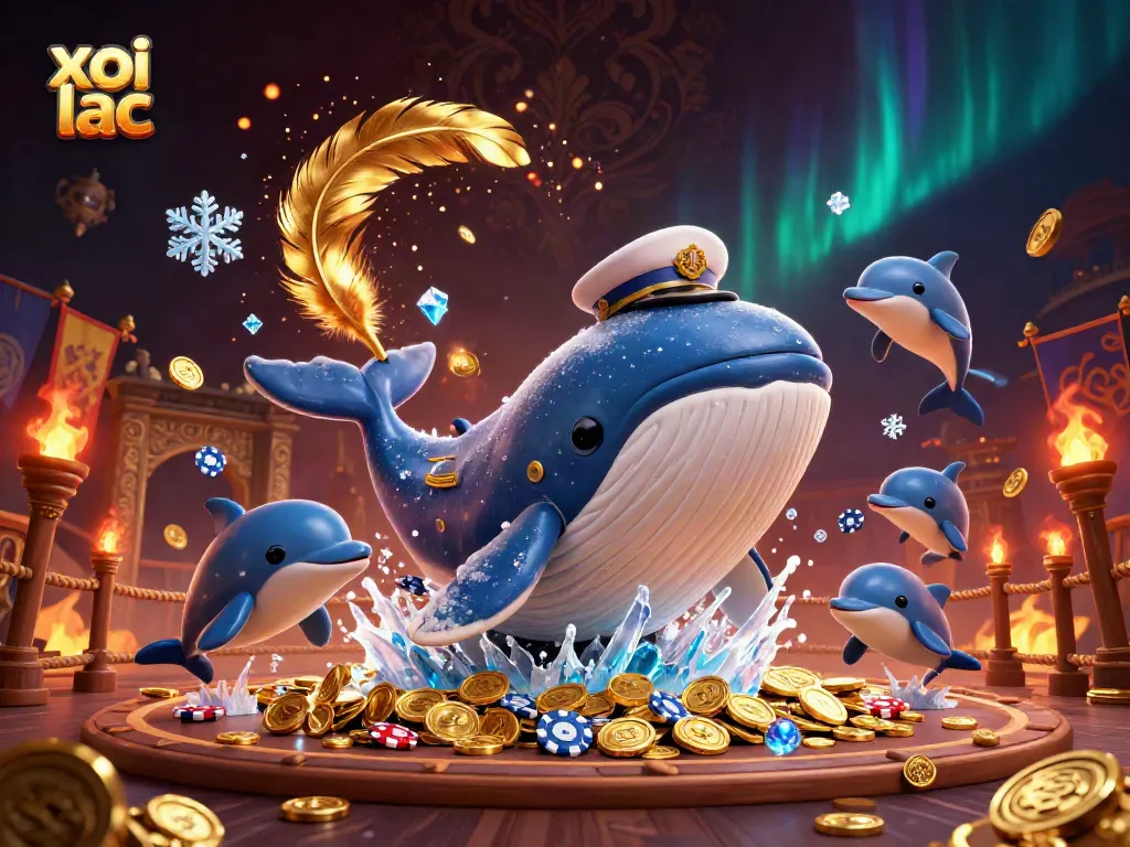 Xoi lac’s vibrant 3D illustration shows a giant whale, narwhal, and dolphins immersed in coins, symbolizing excitement in sports betting.