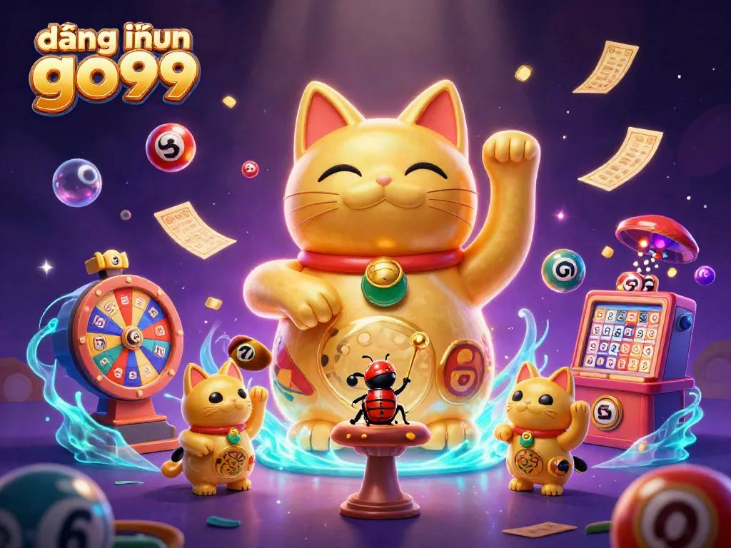 Catch the excitement of đăng nhập go99 with a lively illustration of a lucky cat surrounded by colorful casino symbols.