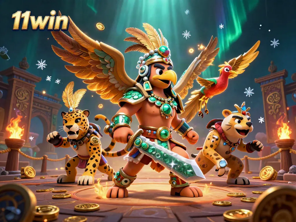 Experience the thrilling world of 11win with Aztec warriors, gold coins, and vibrant casino elements.