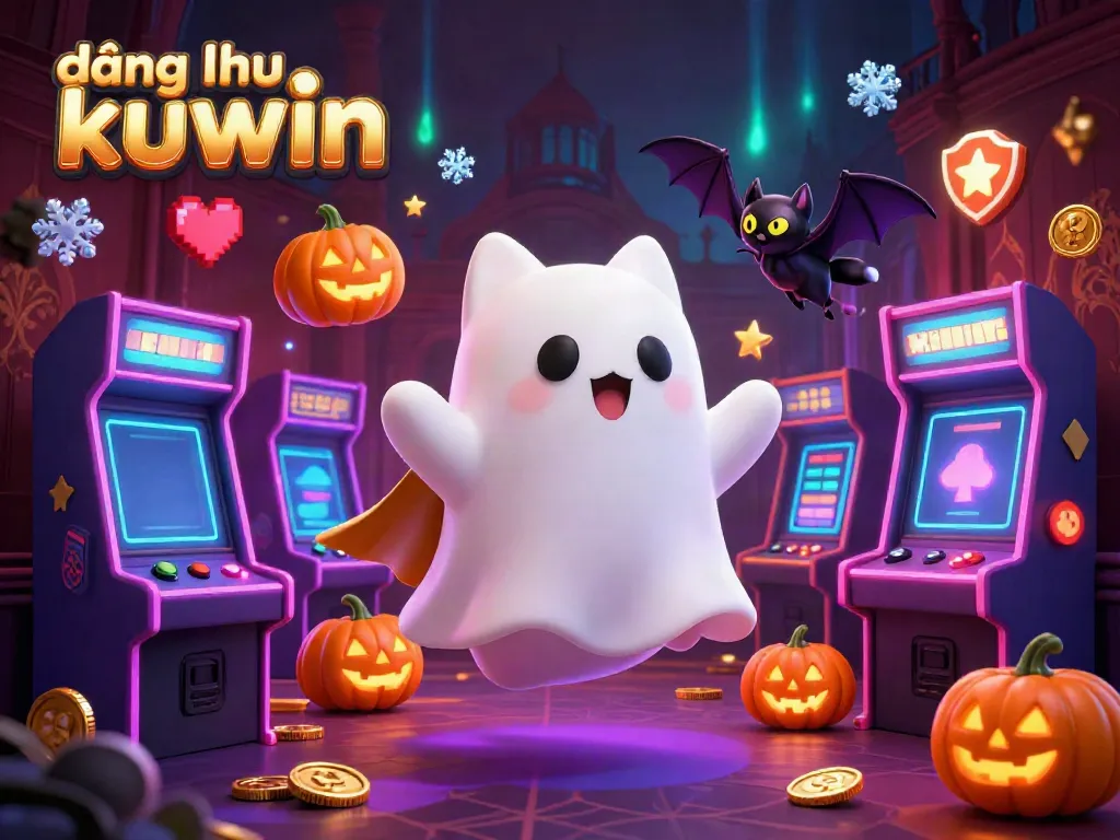 Engage in thrilling gaming action with đăng nhập kuwin portrayed by a ghost cat and vampire bat in a vibrant casino setting.