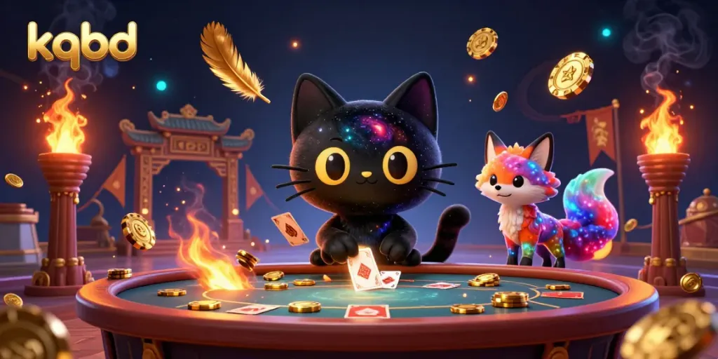 Engage with kqbd in this dynamic cosmic casino scene filled with golden chips and vibrant atmosphere.