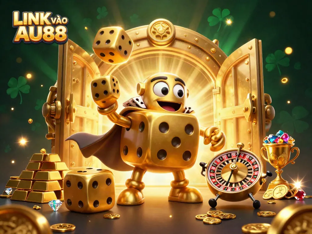 Engage with LINK VÀO AU88 in a vibrant casino scene featuring dynamic golden dice, treasures, and energetic game elements.