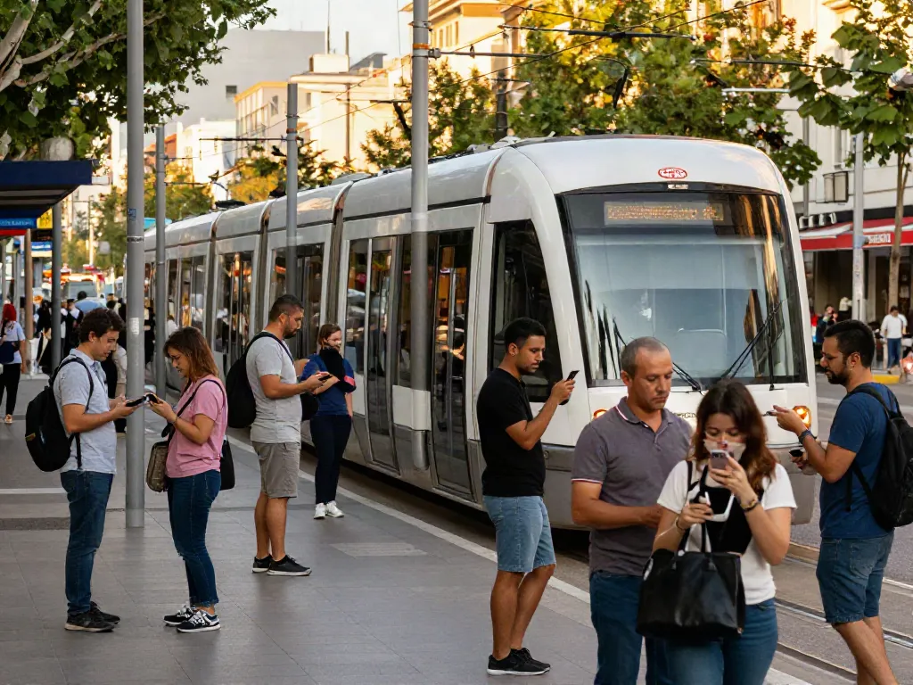 The engaging street scene on streek.ca showing a diverse group of people enjoying modern public transportation with a vibrant streetcar.
