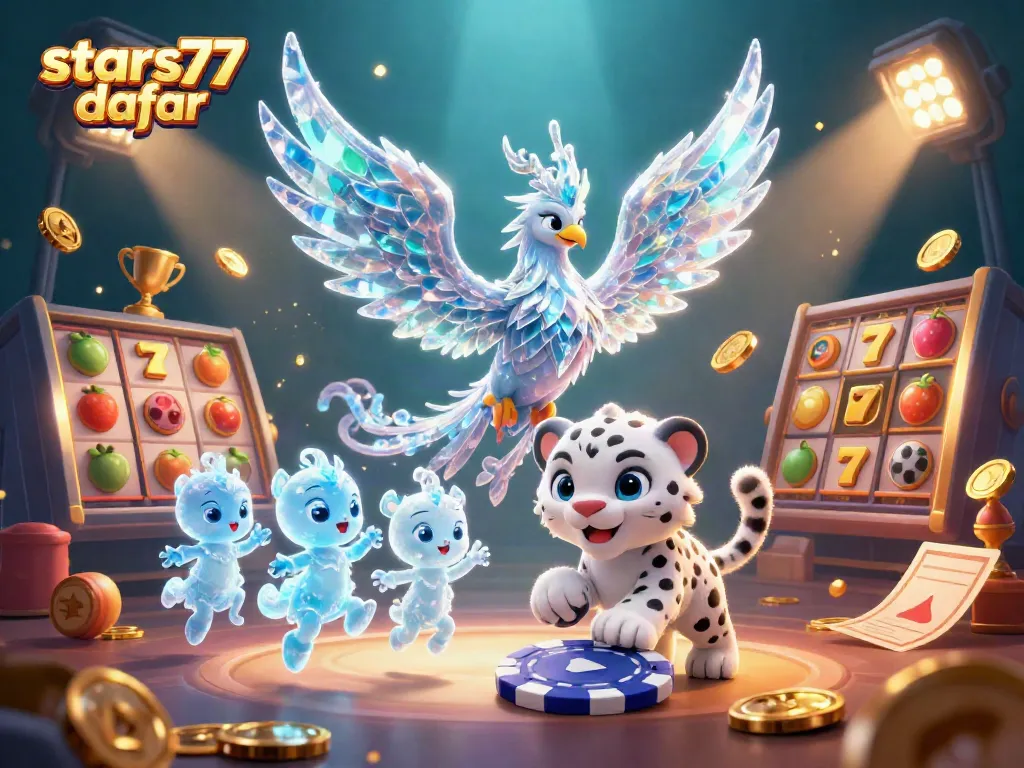 Gambarkan aksi mendaftar di daftar stars77 dengan karakter kartun kasino yang menarik.