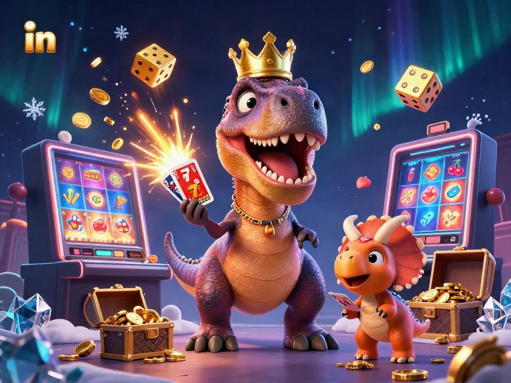 Spin the reels in a vibrant casino scene featuring a T-Rex and triceratops among jackpot elements and gold coins.