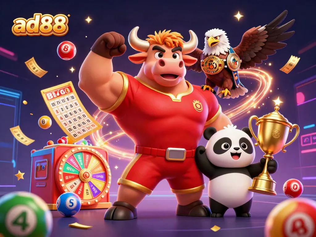 Join the excitement at ad88 with vibrant characters celebrating dynamic casino and gaming elements.