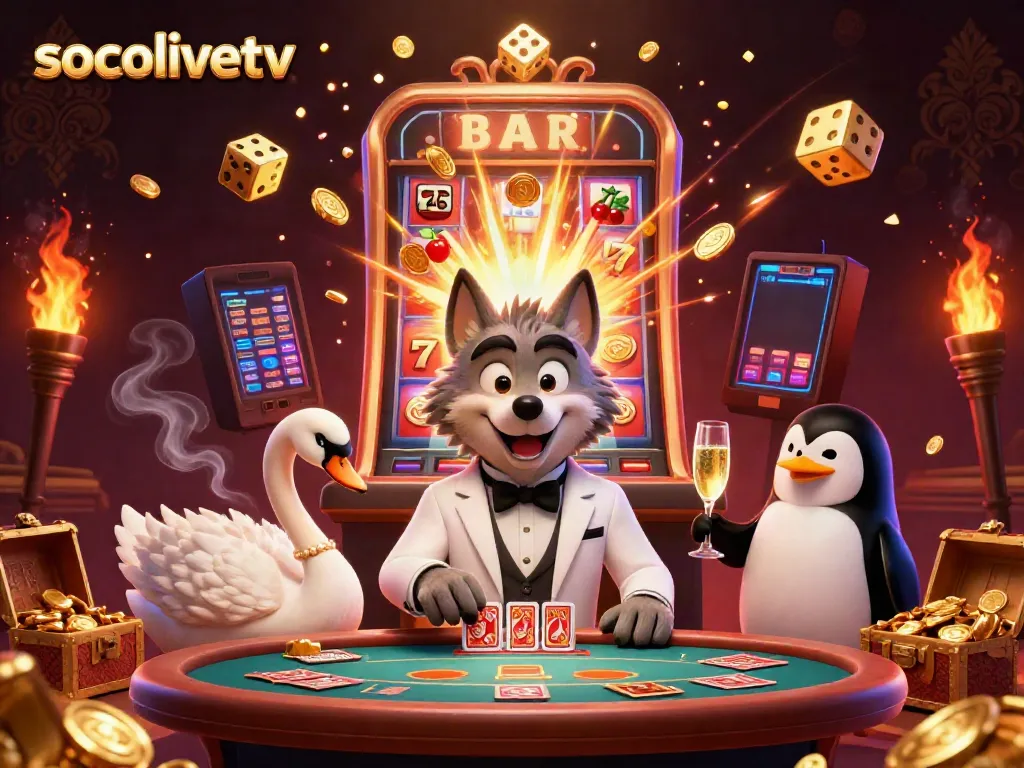 Experience the excitement of socolivetv with a dynamic scene featuring a wolf, swan, and penguin in a casino setting.