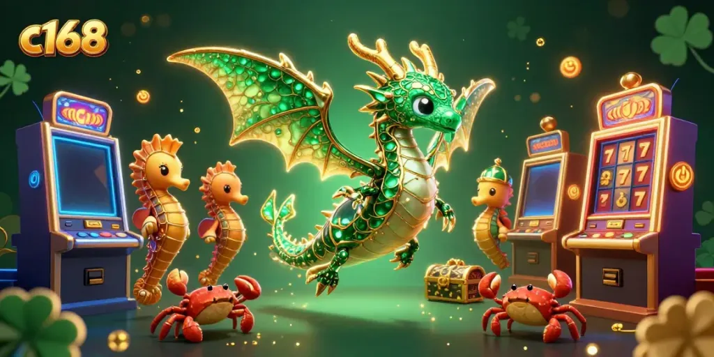 Engage in exciting slots gameplay with c168's enchanting sea dragon and treasure chest scene.