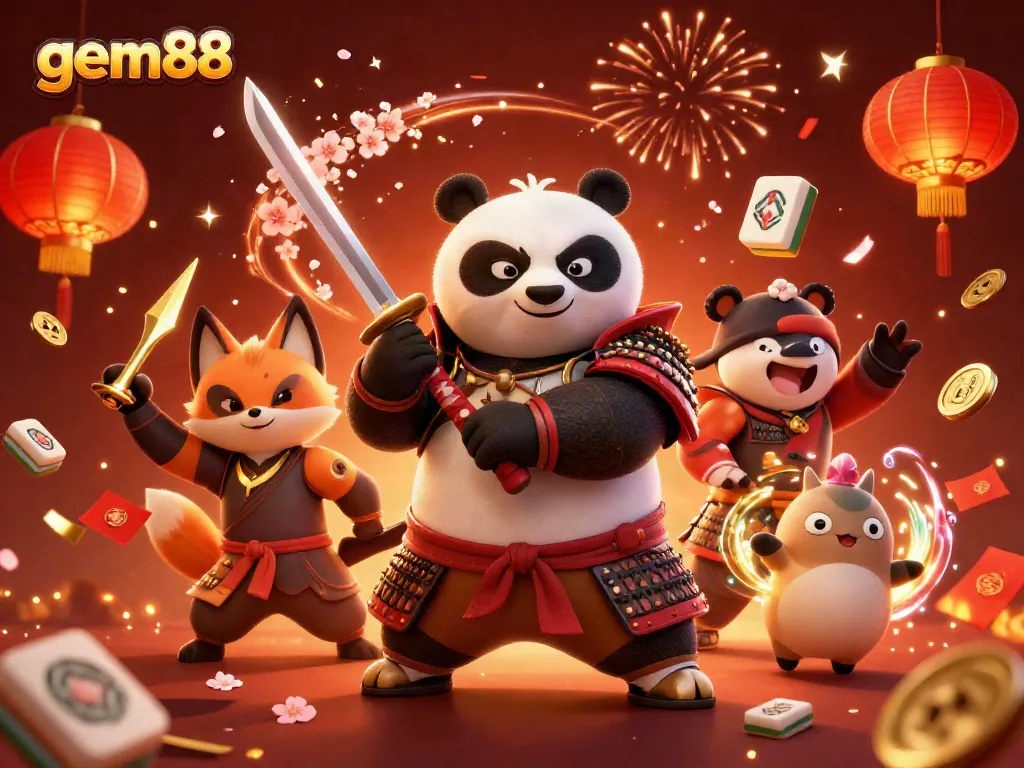 Experience the thrilling edge of gaming with gem88’s vibrant 3D illustration showcasing samurai and fox companions.