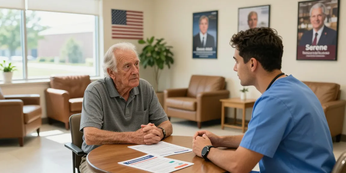 Veteran healthcare near me conversation in a welcoming clinic environment.