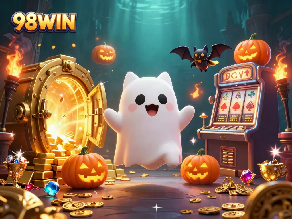 Experience the magic of 98WIN with a ghost cat and magical treasures in a haunted casino.