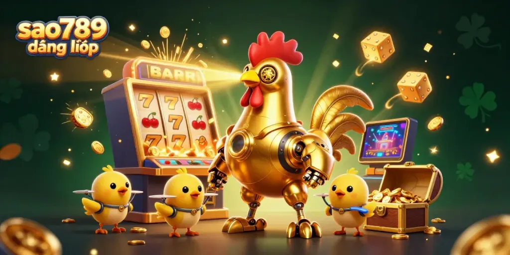Experience vibrant action with sao789 đăng nhập as a golden rooster robot leads baby chicks in a casino-themed adventure.