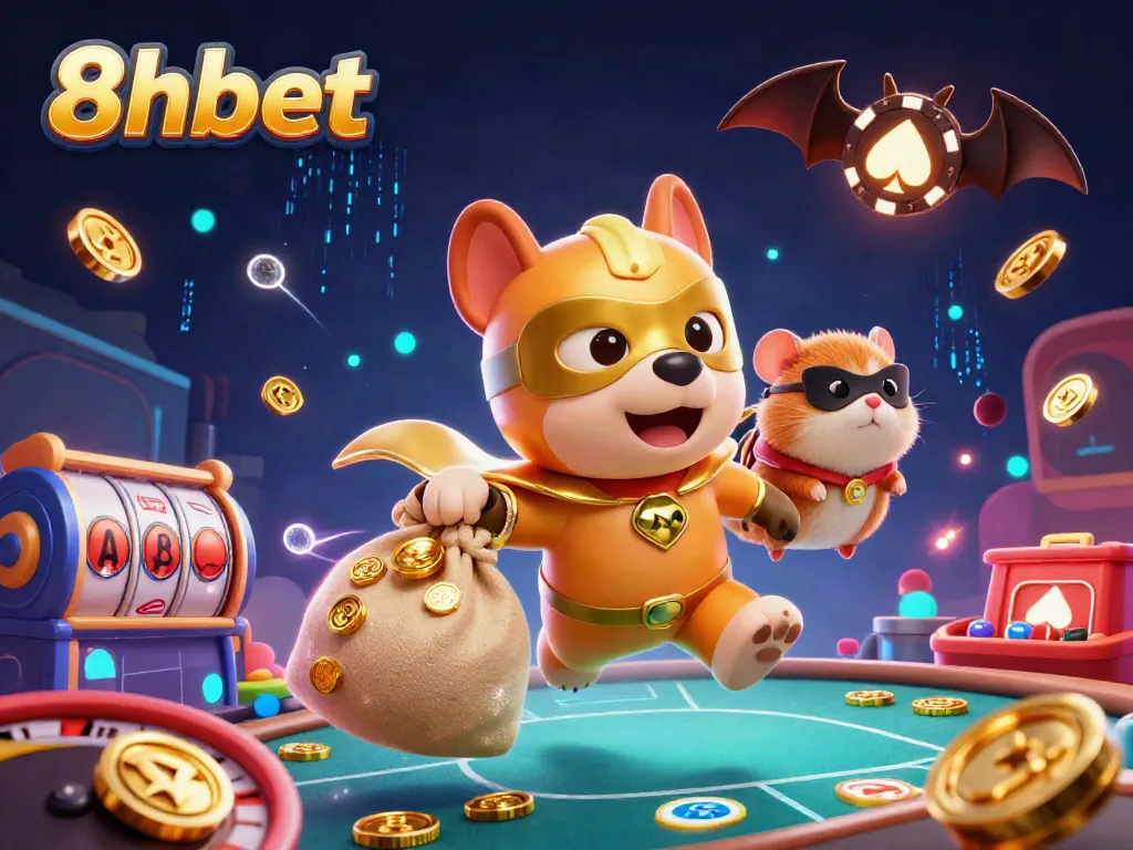 Experience thrilling action at 8xbet with a superhero dog flying amidst colorful casino elements.