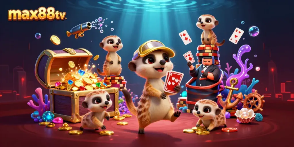 Experience max88tv's vibrant casino world with clever meerkats enjoying thrilling games and treasure.