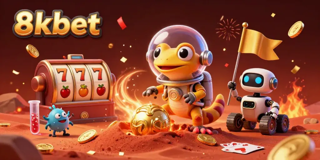 8xbet Martian gecko discovering a golden casino with exciting game elements and festive fireworks.