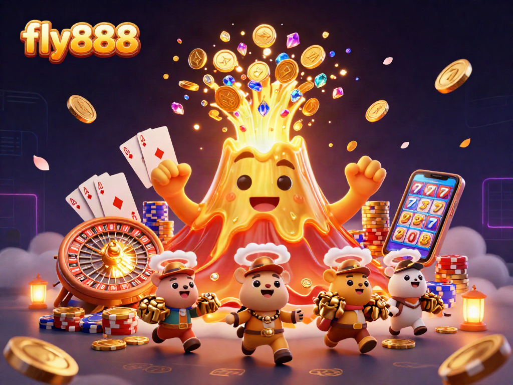 Experience the excitement of fly888 with a vibrant 3D scene showcasing a winning volcano and treasure-laden animals in action.