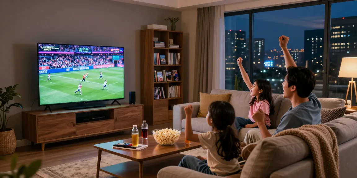 Family enjoying IPTV in 2026, streaming sports and shows in a cozy living room atmosphere.