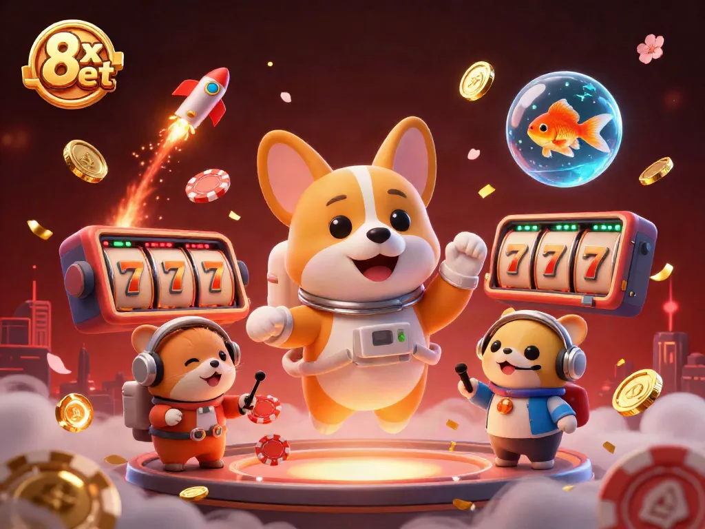 Experience thrilling gaming with 8x bet's dynamic casino scene featuring a corgi and vibrant symbols.