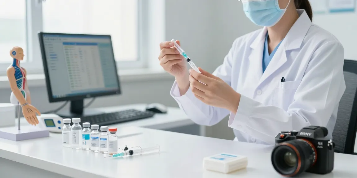 Healthcare professional demonstrating the use of a medicine syringe in a bright, sterile medical office.