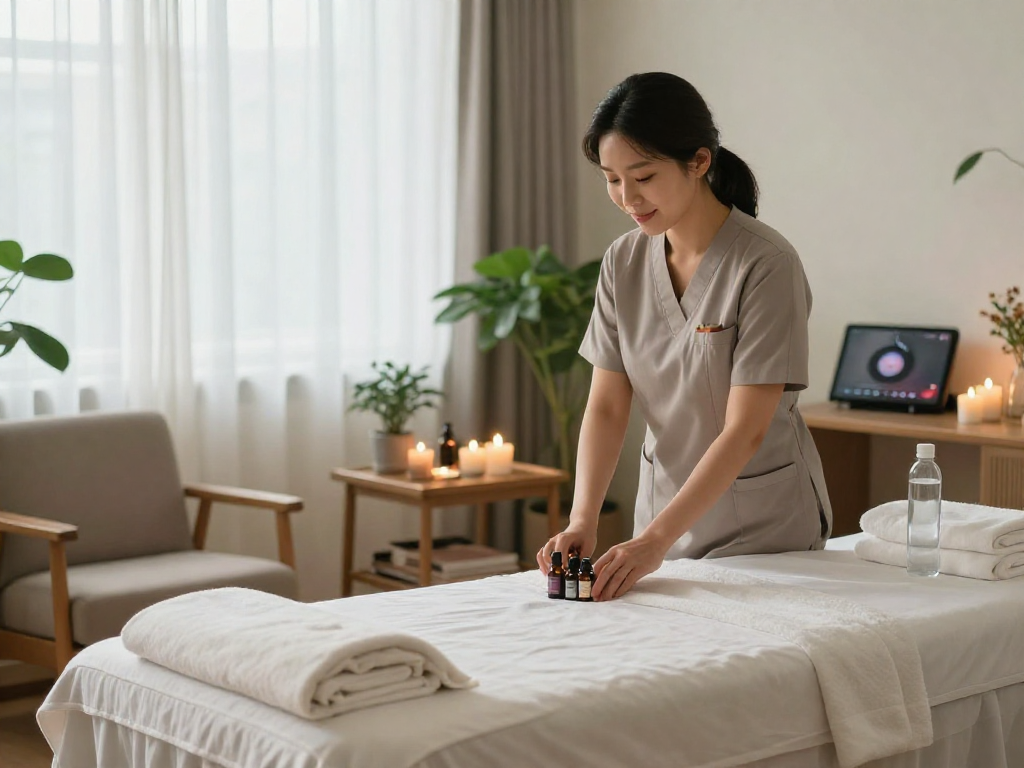 Relaxing 김포출장마사지 session setup with a friendly therapist preparing oils in a serene home spa space.