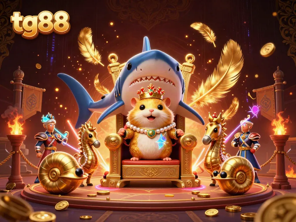 Engage with tg88's vibrant casino scene featuring a golden hamster king and captivating gaming elements.