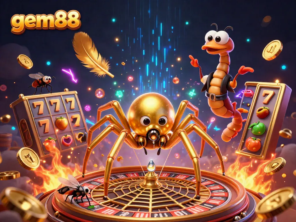 Engage with the thrilling gem88 experience, a captivating 3D scene of a golden spider spinning a roulette wheel amidst shimmering casino elements.