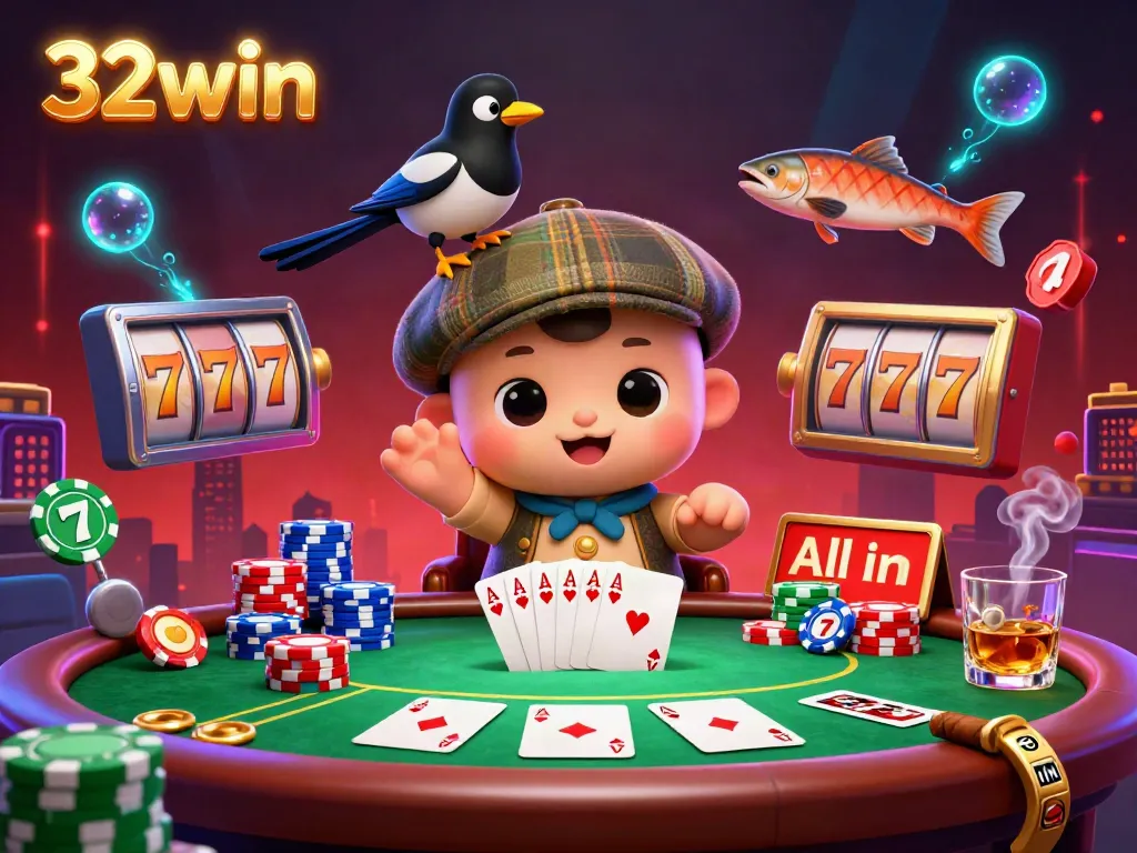 Engage in thrilling gameplay at 32win with a vibrant casino scene featuring Nessie, magpie, and colorful poker elements.