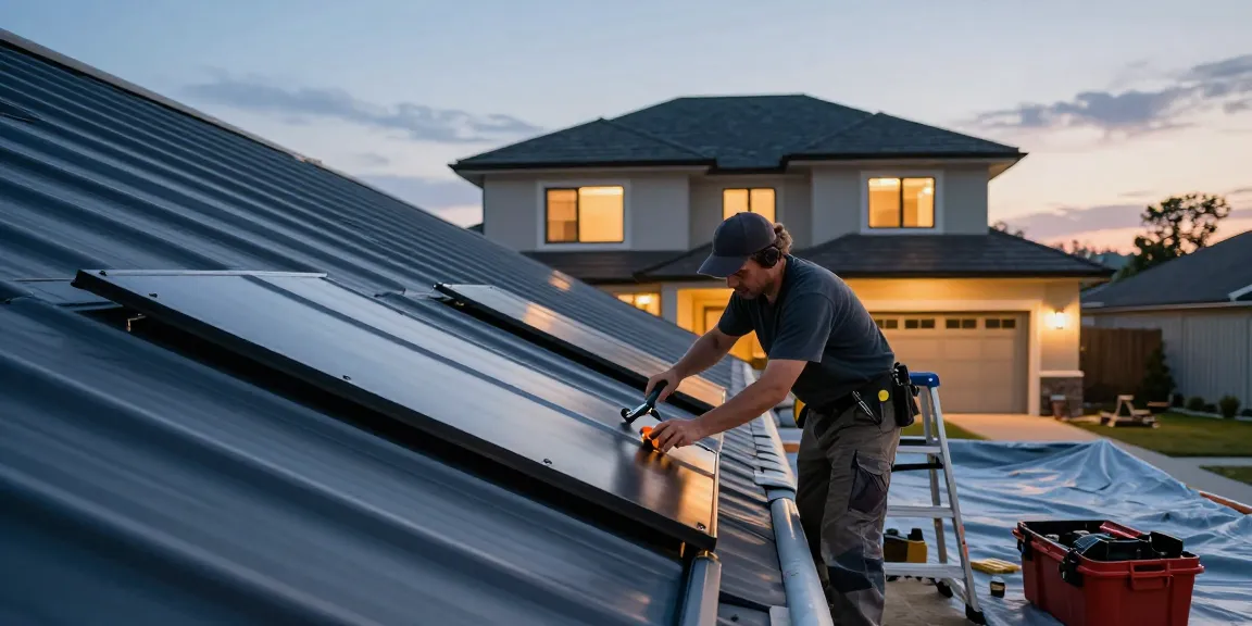 Contractor installing premium standing seam roofing on modern home, showcasing sleek design and craftsmanship.
