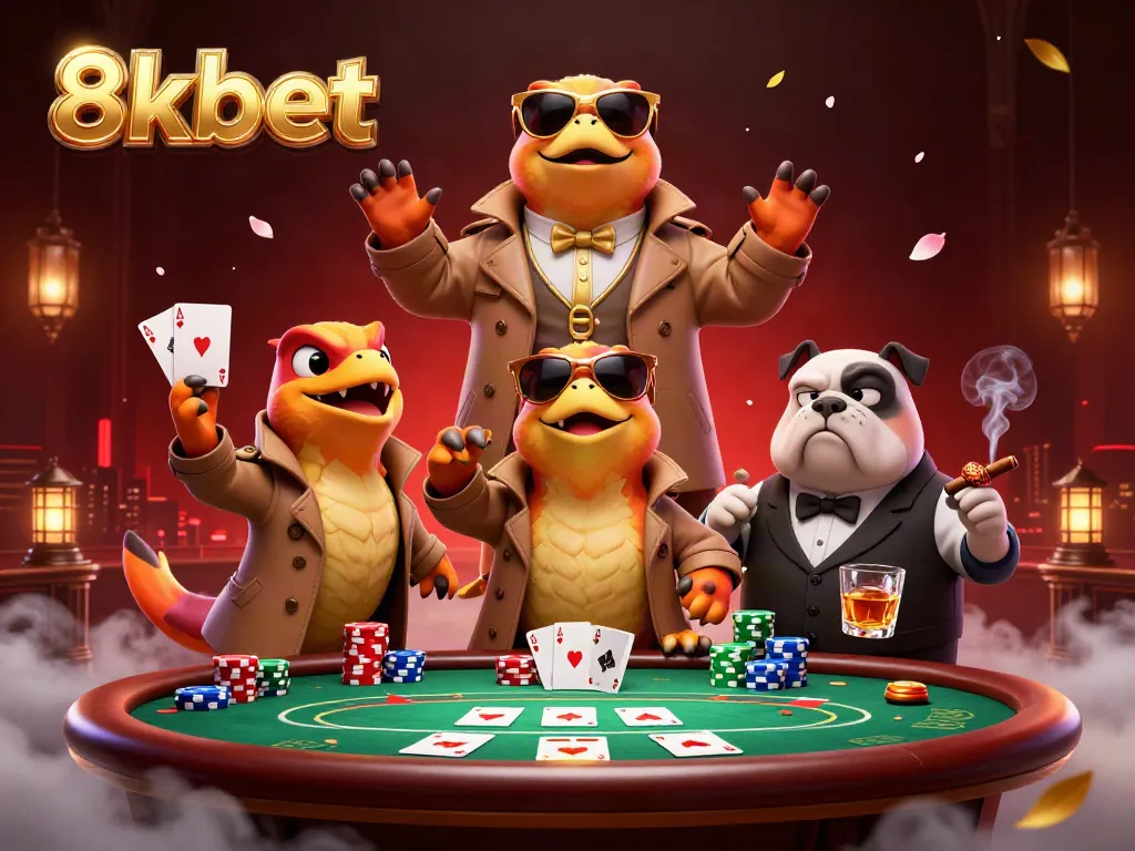 Engage with 8xbet as a playful scene unfolds in a VIP casino lounge featuring raptors and a bulldog bouncer.