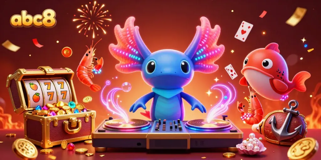 abc8 showcases a vibrant casino scene featuring a DJ axolotl spinning records with lively sea creatures.
