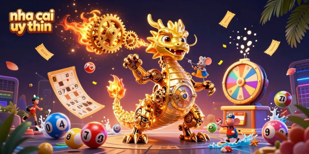 Experience the excitement of nha cai uy tin with a dynamic 3D scene featuring a golden dragon and lottery elements.