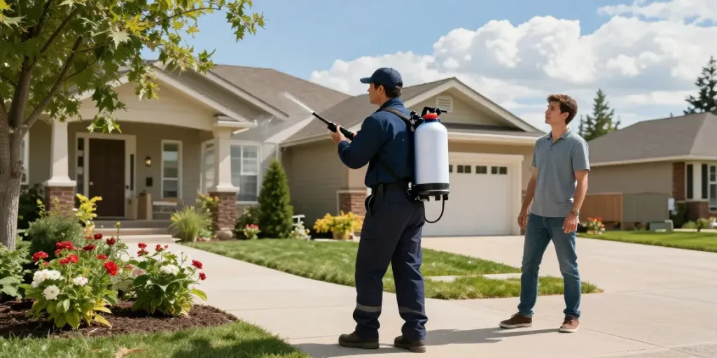 Pest control Calgary expert treating residential property for pests in a suburban environment.
