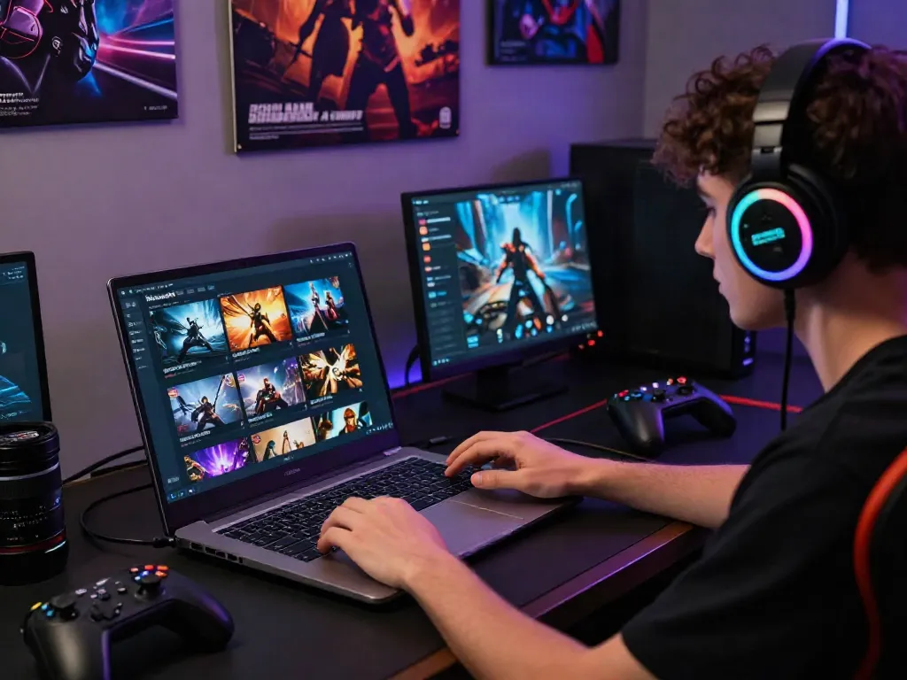 Nohuwin gaming experience with diverse games displayed on laptop during an engaging session.