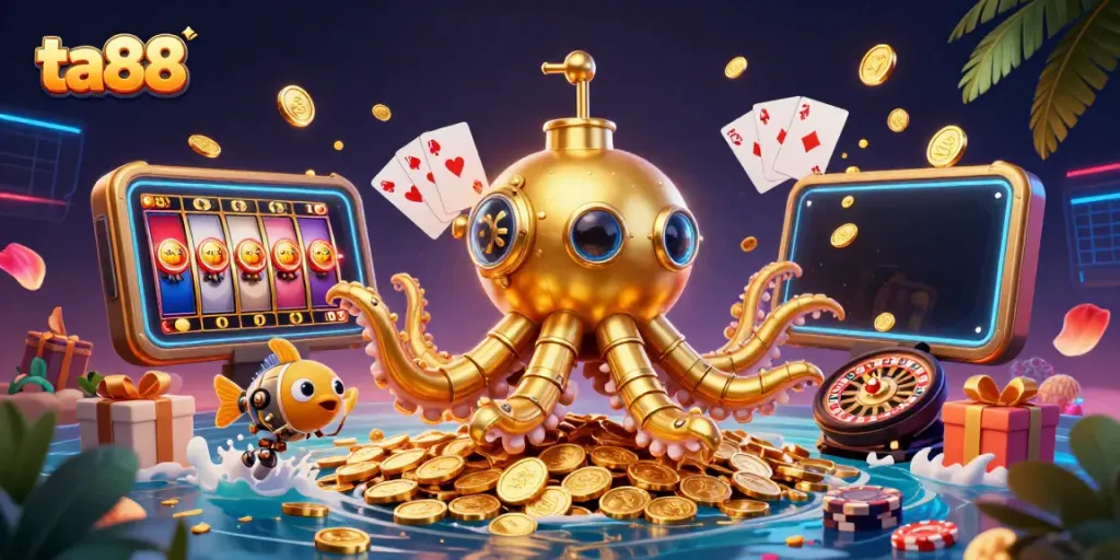 Engage with ta88's vibrant 3D gaming adventure featuring a golden kraken submarine amidst riches and gaming elements.