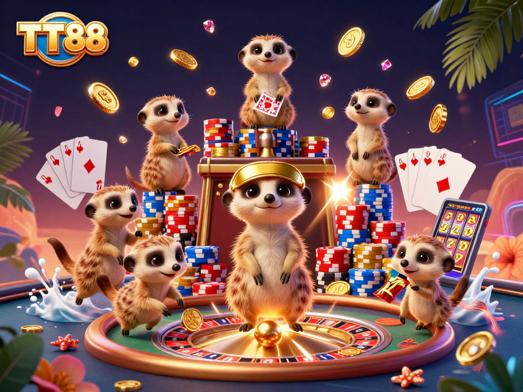 Experience TT88’s thrilling casino vibes with meerkats at the card tables and gaming action.