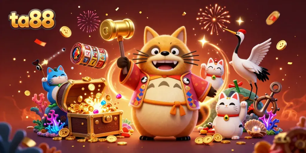 Experience the excitement of ta88 with colorful characters in a vibrant casino-themed celebration.