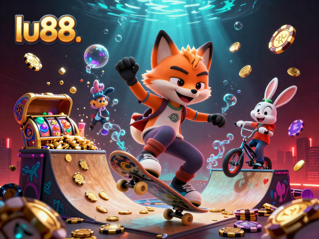 Experience excitement at lu88 with a dynamic scene of fun casino-themed characters and elements.