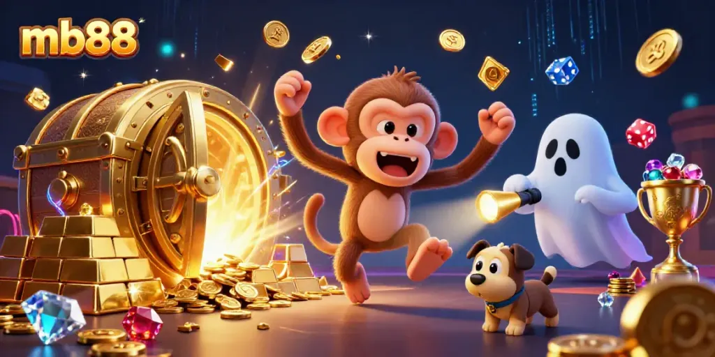 Experience the thrill of gaming with mb88 as a playful poltergeist monkey juggles gold in a lively casino.