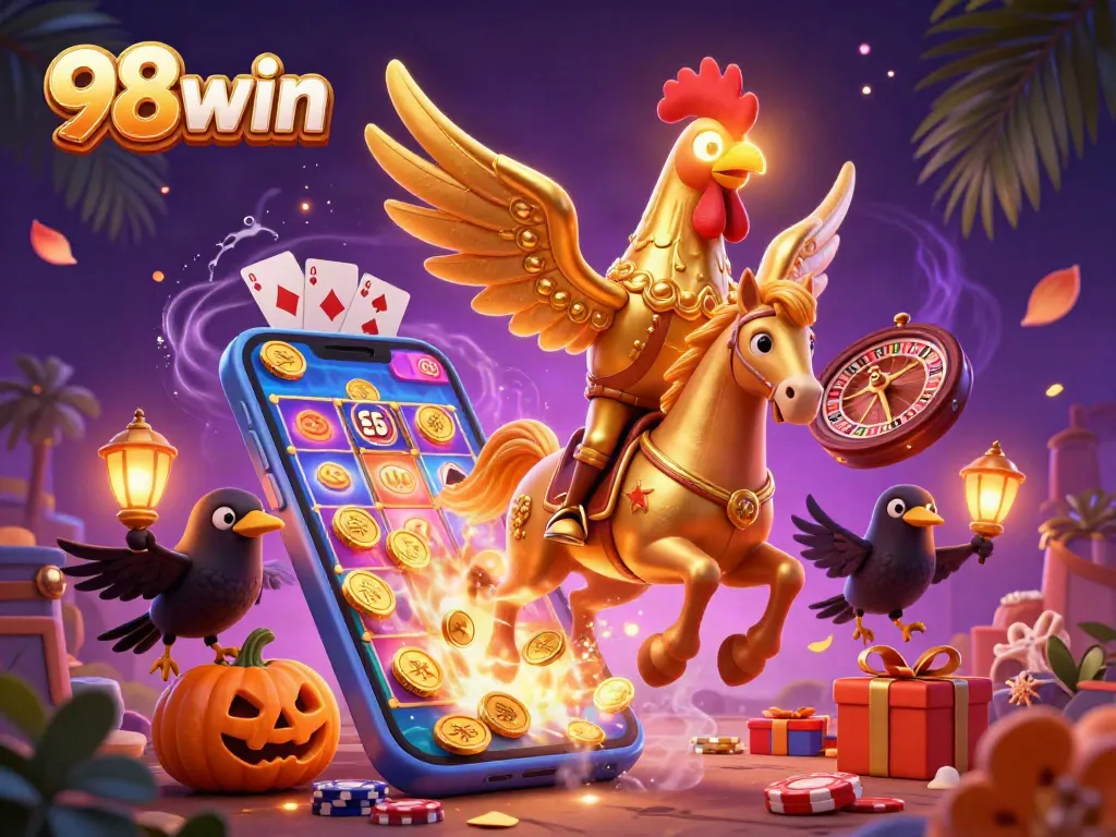 Engage in thrilling gameplay with 98win showcasing colorful slots and captivating casino elements in a dynamic setting.