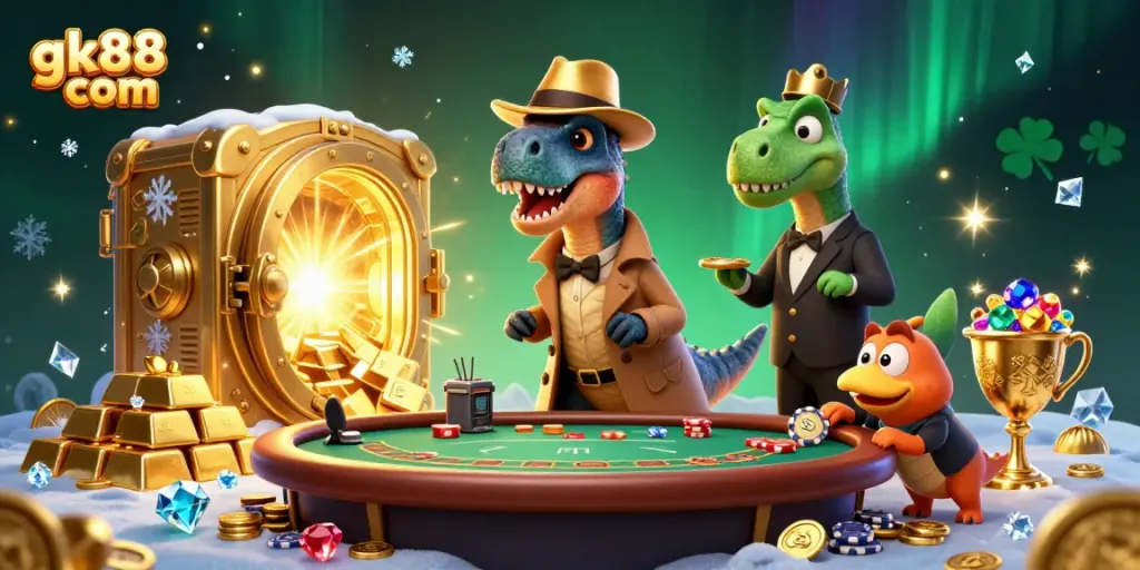 Experience thrilling gameplay at gk88 com with cartoon dinosaurs in a vibrant casino scene.