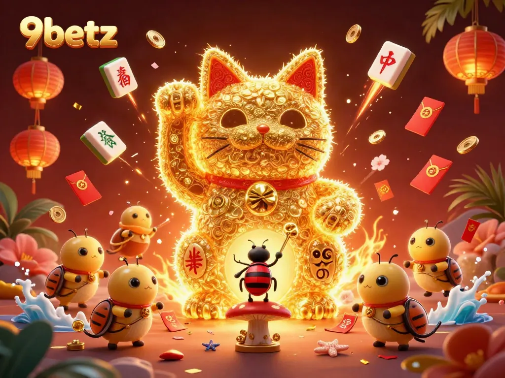 Experience thrilling gaming at 9betz with golden firefly lucky cat, vibrant visuals, and casino symbols.