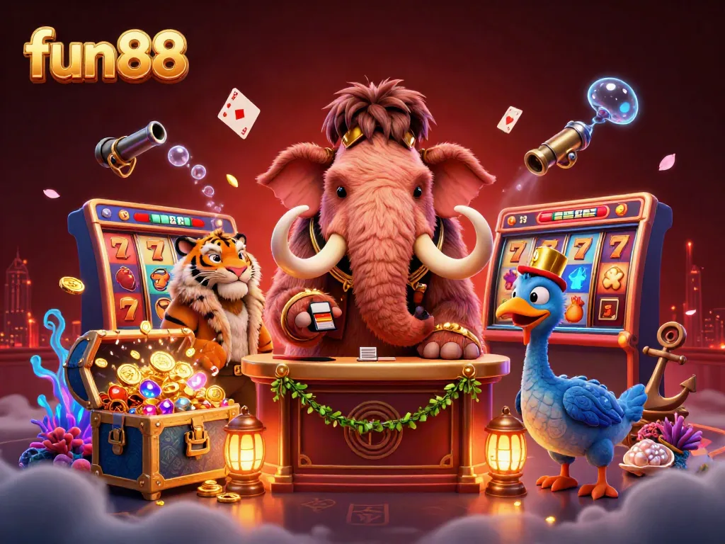 Experience fun88's lively casino scene with a woolly mammoth bouncer and saber-tooth tiger guest.