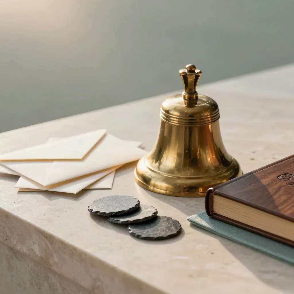 Brass quorum bell with slate vote tokens, sealed envelopes, and walnut minute book on limestone.