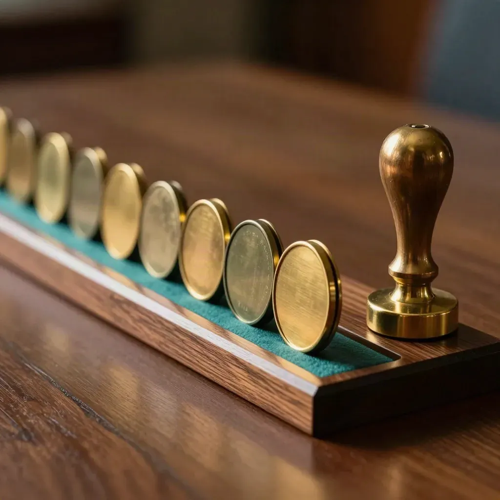 Top-down macro of member tokens, a wooden sign-in tray and brass stamp block on dark walnut.