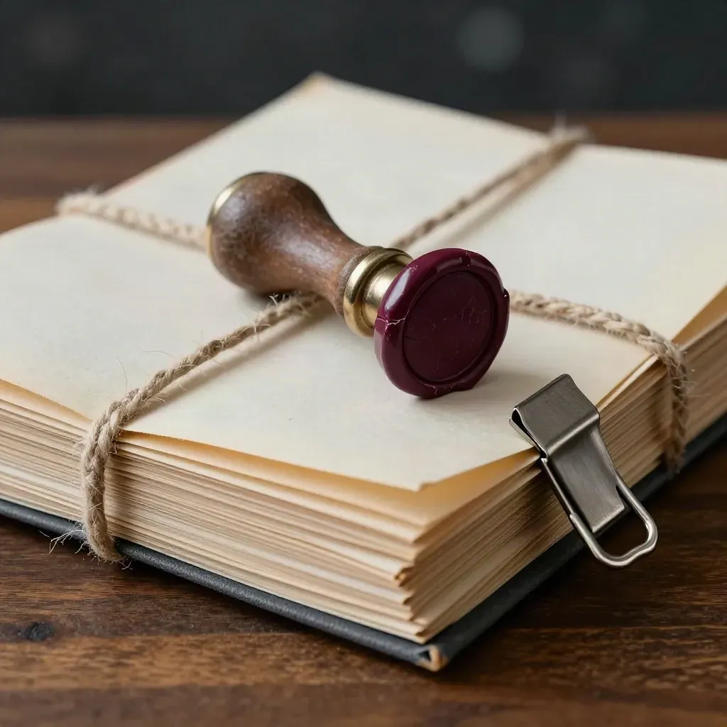 Tied archival bundle with wax seal and steel clip on smoked oak in moody bokeh light