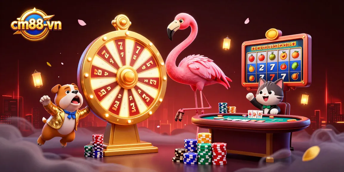 Engage with cm88-vn's dazzling slot games featuring a flamingo game show host and interactive elements.